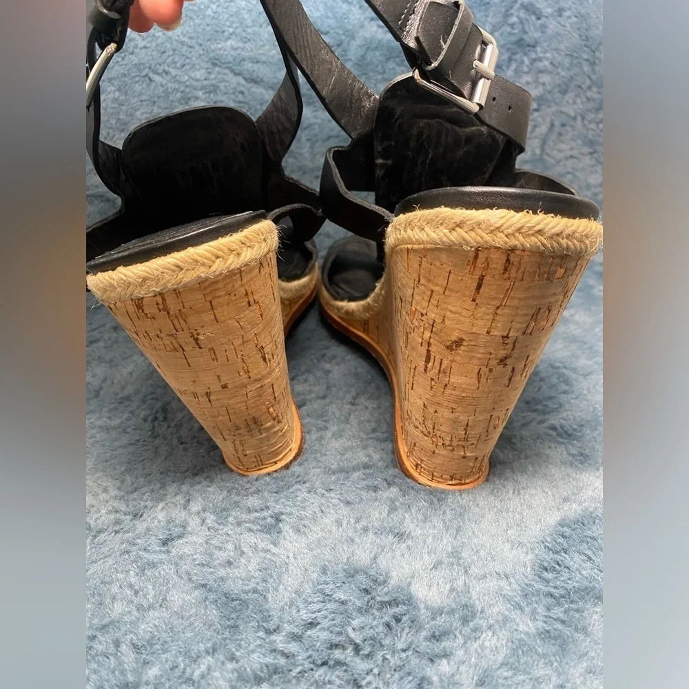 Women’s Sigerson Morrison Valina Black Leather Cork Wedge Sandal Size 10 EUC